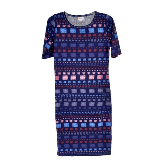 LuLaRoe Retired Julia Dress S Blue Multicolor Geometric Print SS Form Fit NWT - Picture 1 of 9